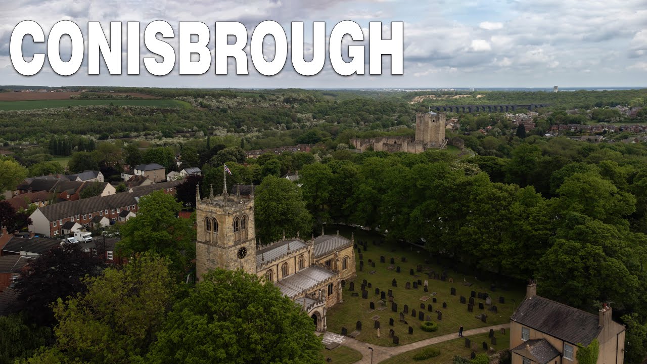 Conisbrough Church, Castle and Viaduct. Aerial Drone Video