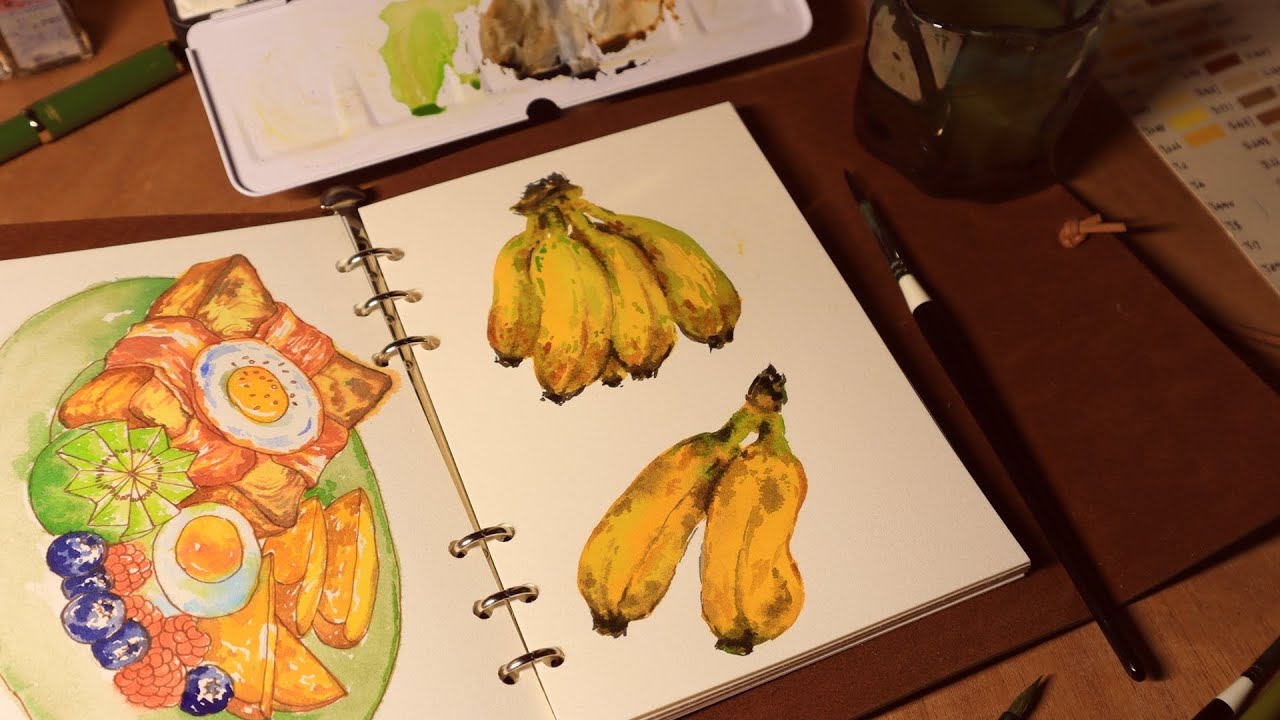 ASMR｜This is my second watercolor piece, a simple study of bananas「Winsornewton」no music｜no talking