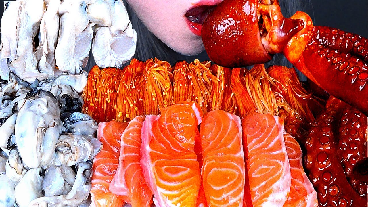 ASMR SALMON, SPICY ENOKI MUSHROOM, RAW OYSTER, SEAFOOD, 굴 먹방, OCTOPUS/매운 불닭 팽이버섯,연어, 문어 먹방mukbang