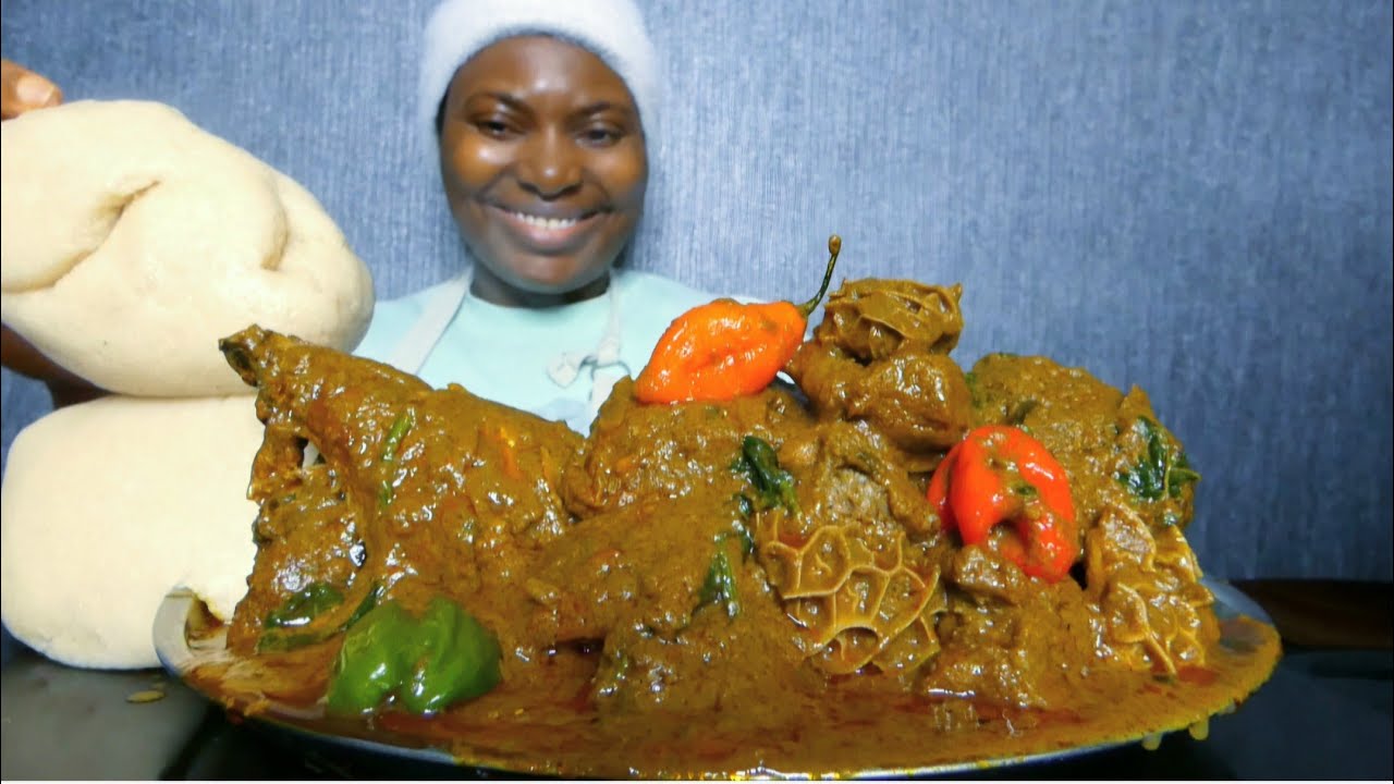 Asmr mukbang banga soup with assorted meat and fufu