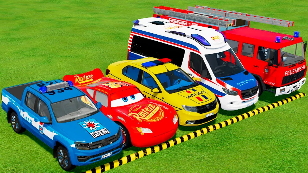 TRANSPORTING PIXAR CARS & FRUITS WITH COLORED & JOHN DEERE vs CLAAS vs TRACTORS - BeamNG.drive #980
