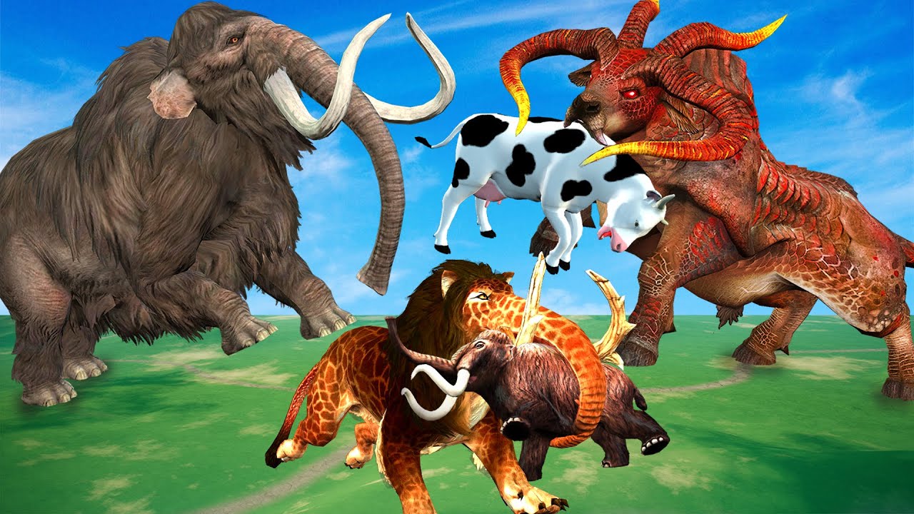 Monster Lion Mammoth Vs Zombie Bull Fight Cow Cartoon, Mammoth Saved By Woolly Mammoth Elephant