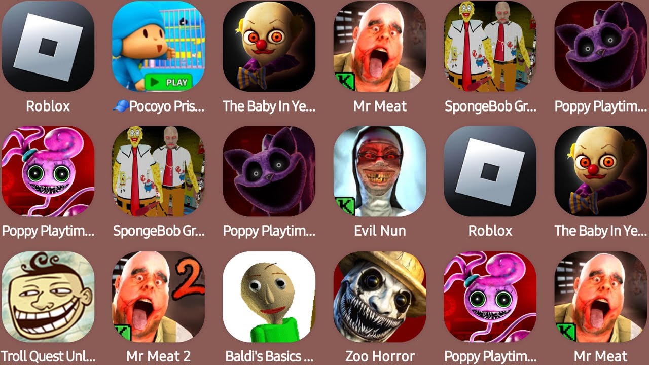 Roblox,🧢Pocoyo Prison Run,The Baby In Yellow,Mr Meat,Poppy Playtime Chapter 2,Troll Quest Unlucky...