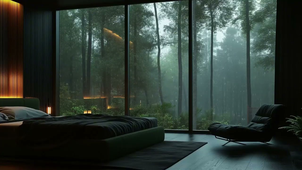 Calm Rain and Soft Piano Music ASMR Inside Cozy Room for Sleep and Focus at Night