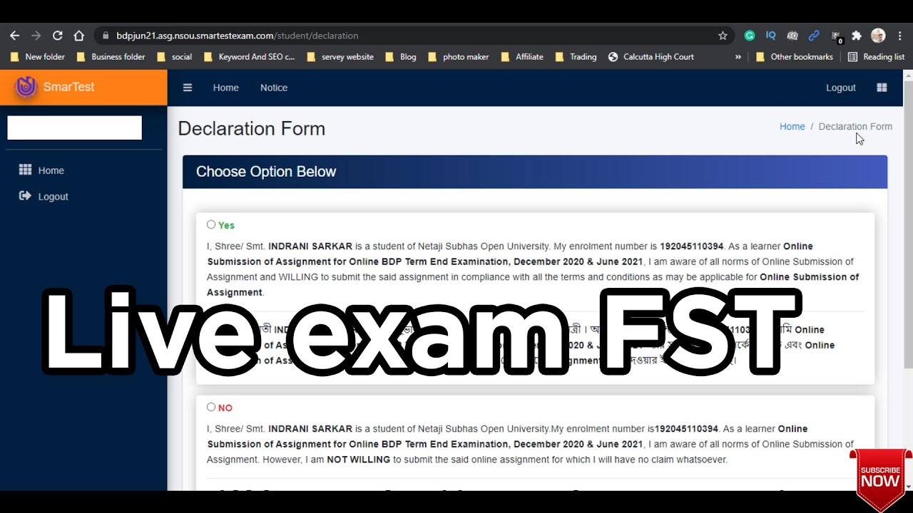 Live exam FST | Netaji Subhas Open University | Nsou 2021