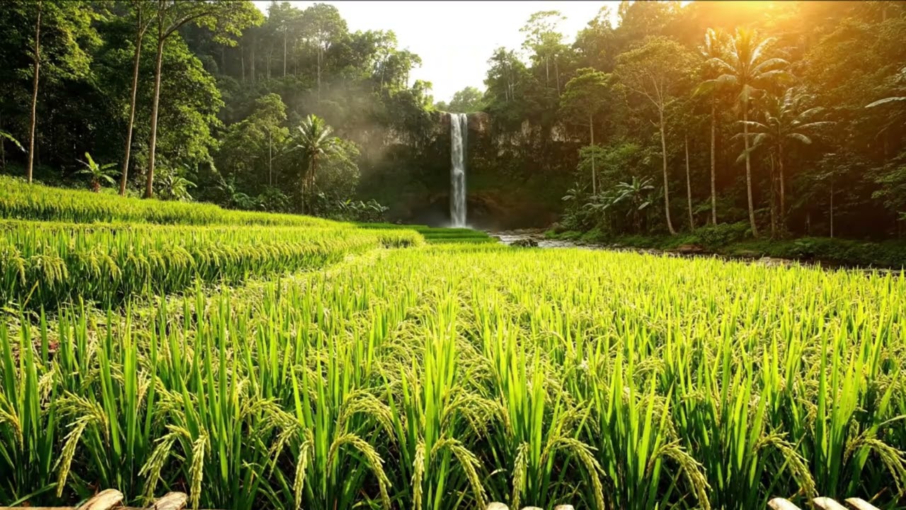 ASMR Relaxing Morning Nature | Waterfall & Rice Field Ambience