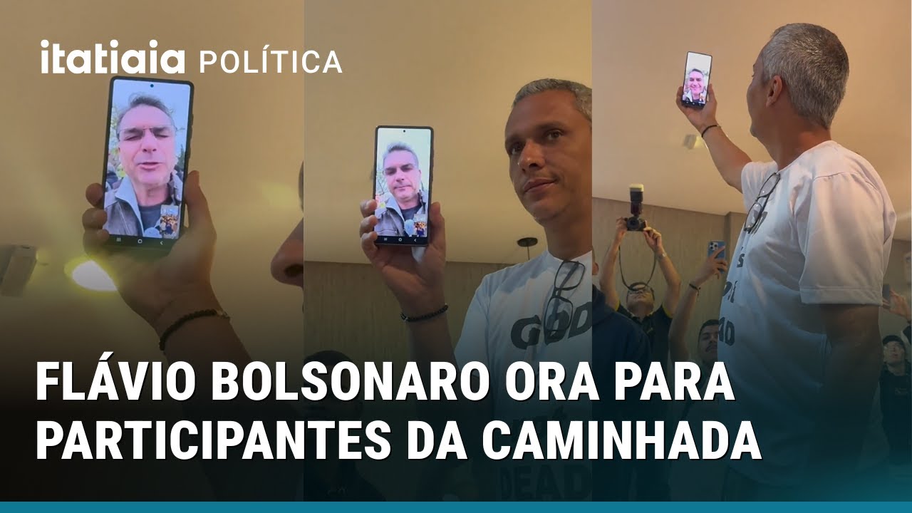 FLÁVIO BOLSONARO LIGA PARA PARTICIPANTES DA CAMINHADA 'ACORDA BRASIL' E FAZ ORAÇÃO