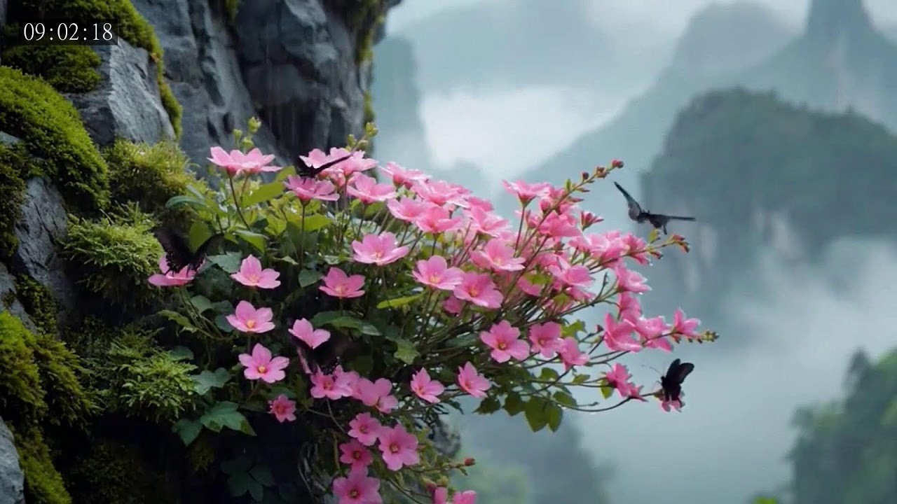 Gentle Floral Relaxation Scene with Butterflies for Calm Thoughts