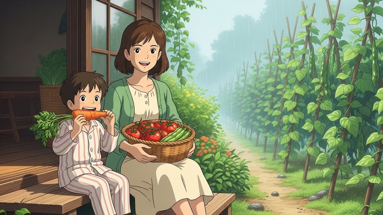Peaceful Life Harvesting Vegetables, Cooking & Rain | Ghibli Video