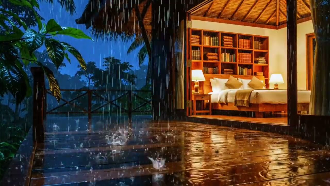 Heavy Tropical Rain at a Cozy Jungle Cabin 🌧️🌙 Rain Sounds for Deep Sleep & Relaxation