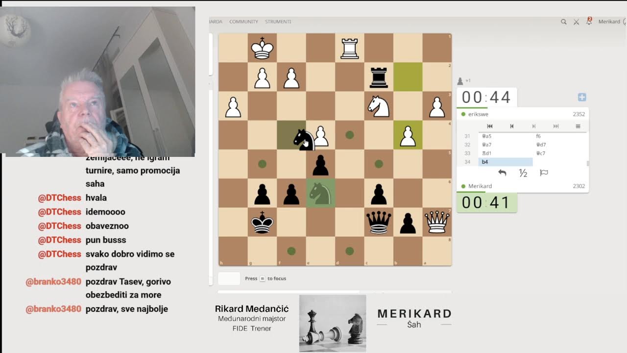 Majstor  MERIKARD  igra šah i komentira partije. Pridružite se