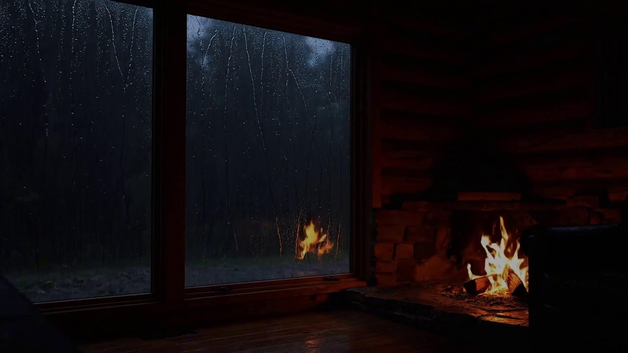 Midnight Rain on Window Sounds with Soft Fireplace Sounds for Relaxation