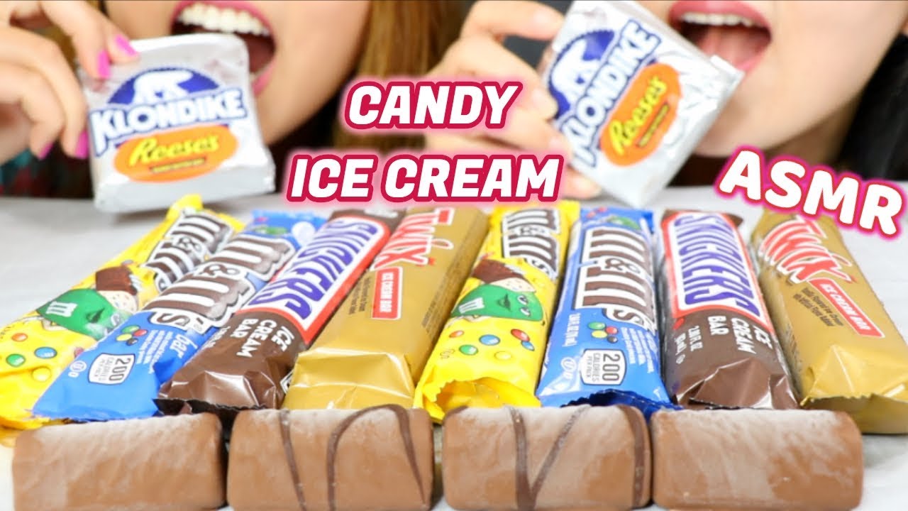 ASMR EATING CANDY ICE CREAM BARS (SNICKERS, TWIX, M&M'S, REESE'S) *CRUNCHY* | Kim&Liz ASMR