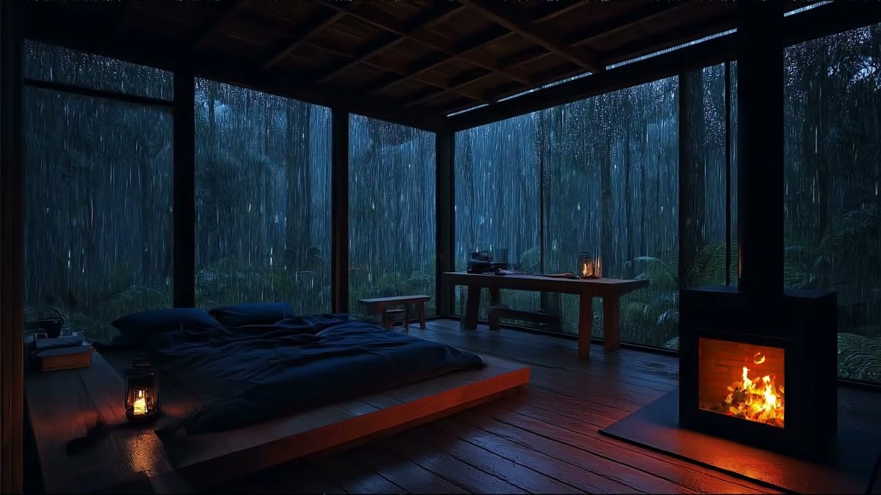 Heavy Rainy Night in Forest Cabin ⛈️ Rain & Fireplace Sounds for Deep Sleep | No Ads
