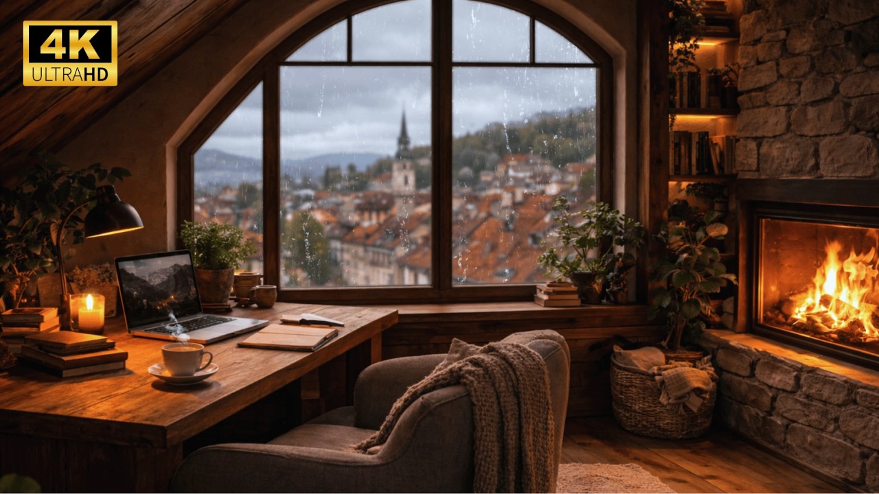 Rainy Night in a Vintage Coffee Shop 🌧️☕🔥 Soft Jazz Piano & Warm Fireplace Ambience for Relaxation