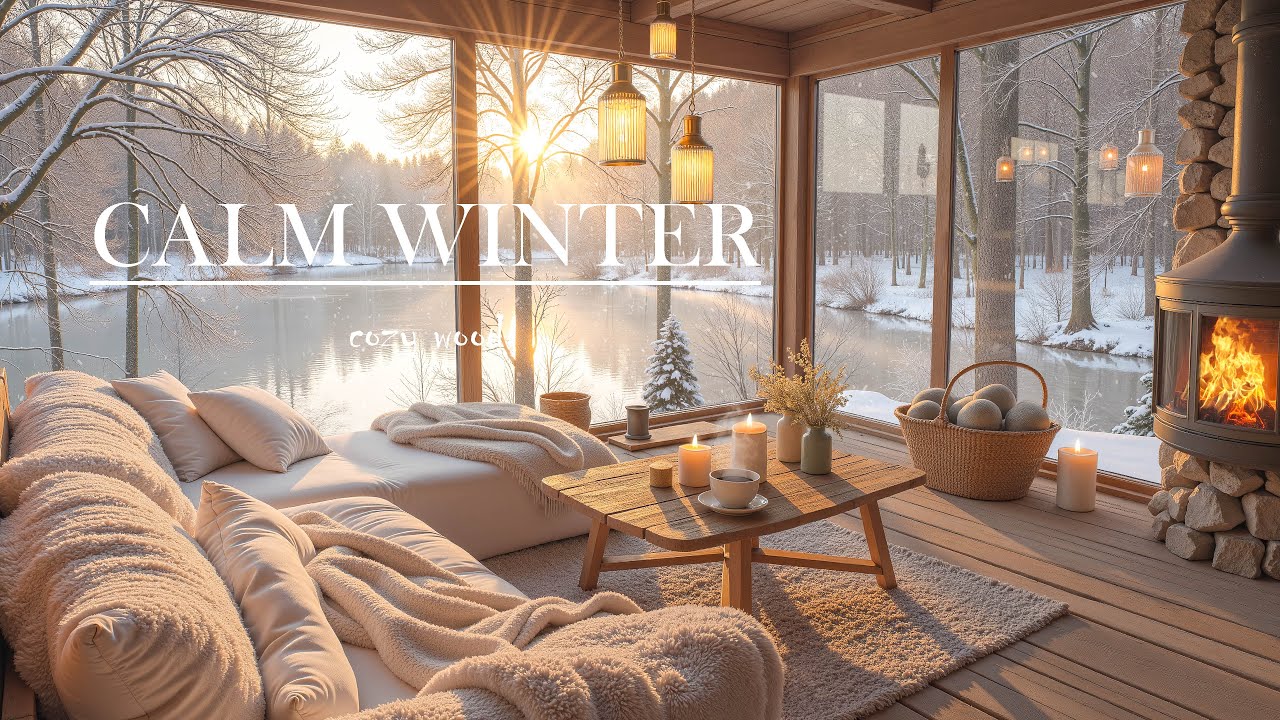 Winter Lakeside Jazz Retreat 🎶  Cozy Cabin Fireplace & Soft Jazz Piano for Tranquil Moments 🌲
