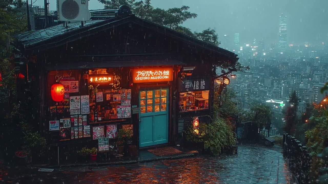 Cozy Traditional Bar beneath a Neon City | Rainy Japanese Lo-fi for Calm Nights | 4K