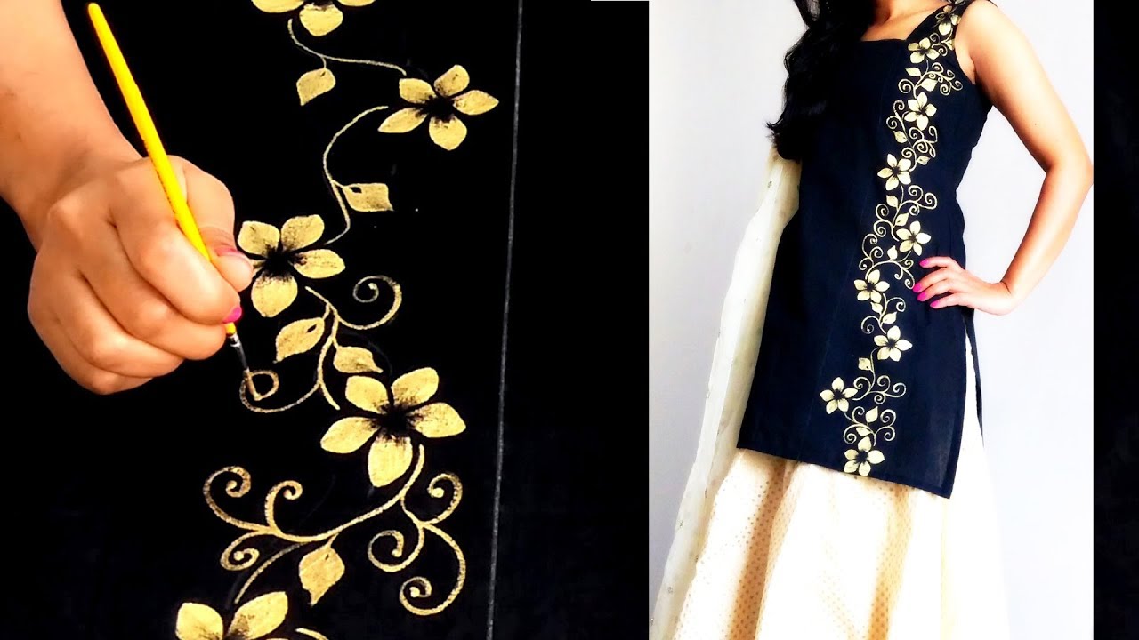 DIY : DESIGNER KURTI | How to Paint a free hand Border Design on Kurti | Fabric Painting