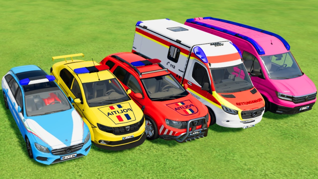 TRANSPORTING POLICE CARS, AMBULANCE, FIRE TRUCK, COLORFUL CARS WITH TRAIN -FARMING SIMULATOR 22!