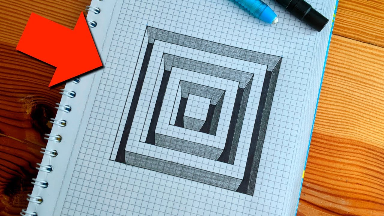 Dibujo 3D || Como dibujar marcos 3D hueco ilusion || Cuaderno cuadriculado
