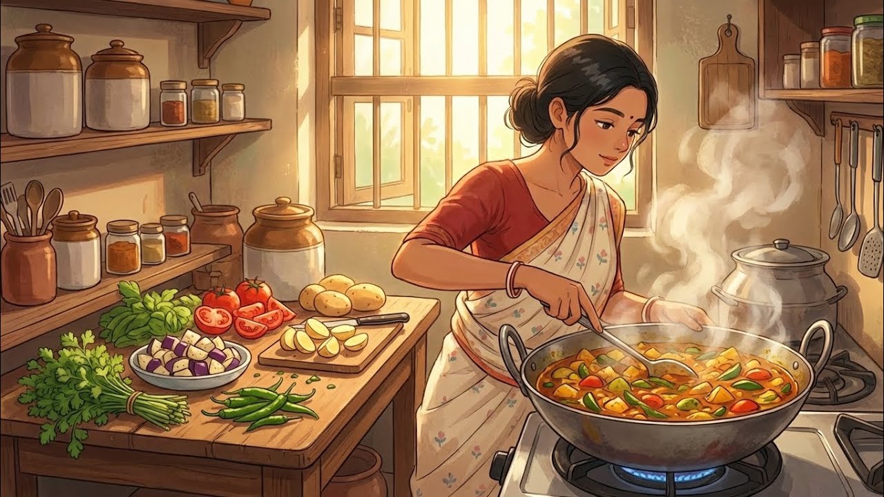 Cozy Bengali Kitchen Cooking 🍅 | Ghibli Style Vegetable Story | Relaxing Anime Food