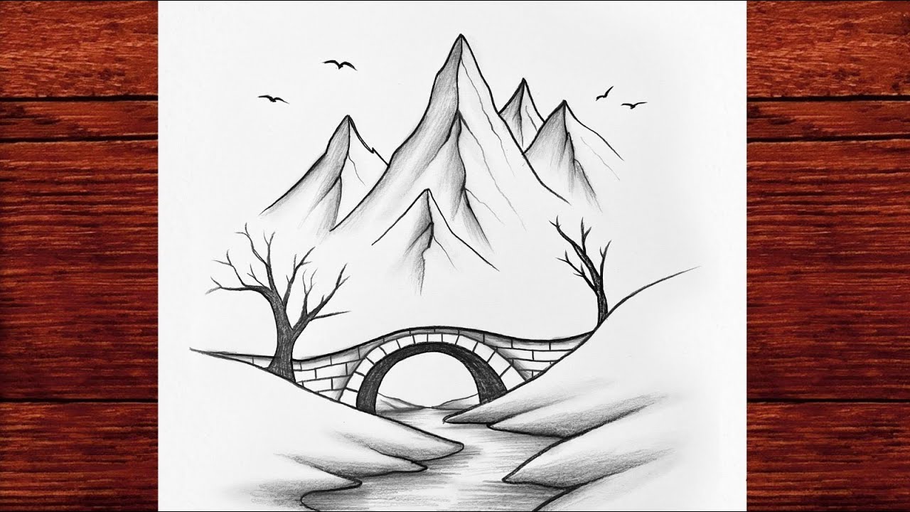 Easy Pencil Scenery Drawing Step by Step | Mountain River Bridge & Moon