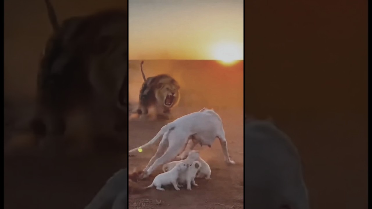 Mother Dogo Argentino Fights Off Lion to Protect Her Cub#shorts