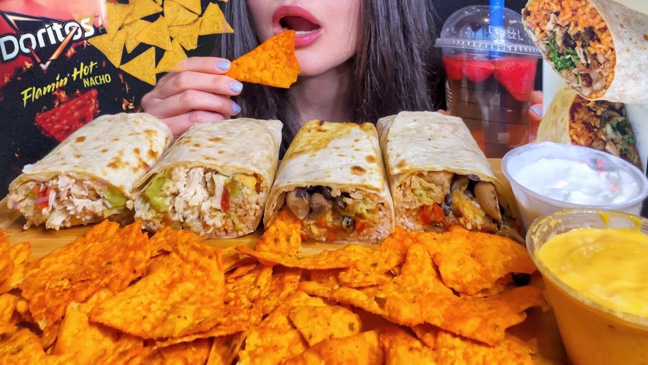 ASMR BURRITOS + SPICY CHIPS NACHOS + CHEESE MUKBANG (No Talking) EATING MEXICAN FOOD