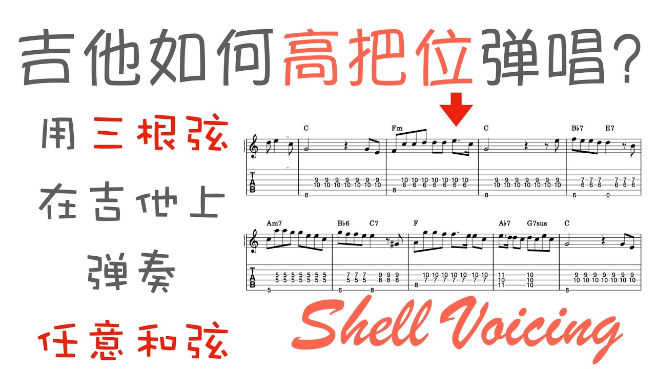 如何在吉他上用三根弦弹奏出任何和弦？Shell Voicing
