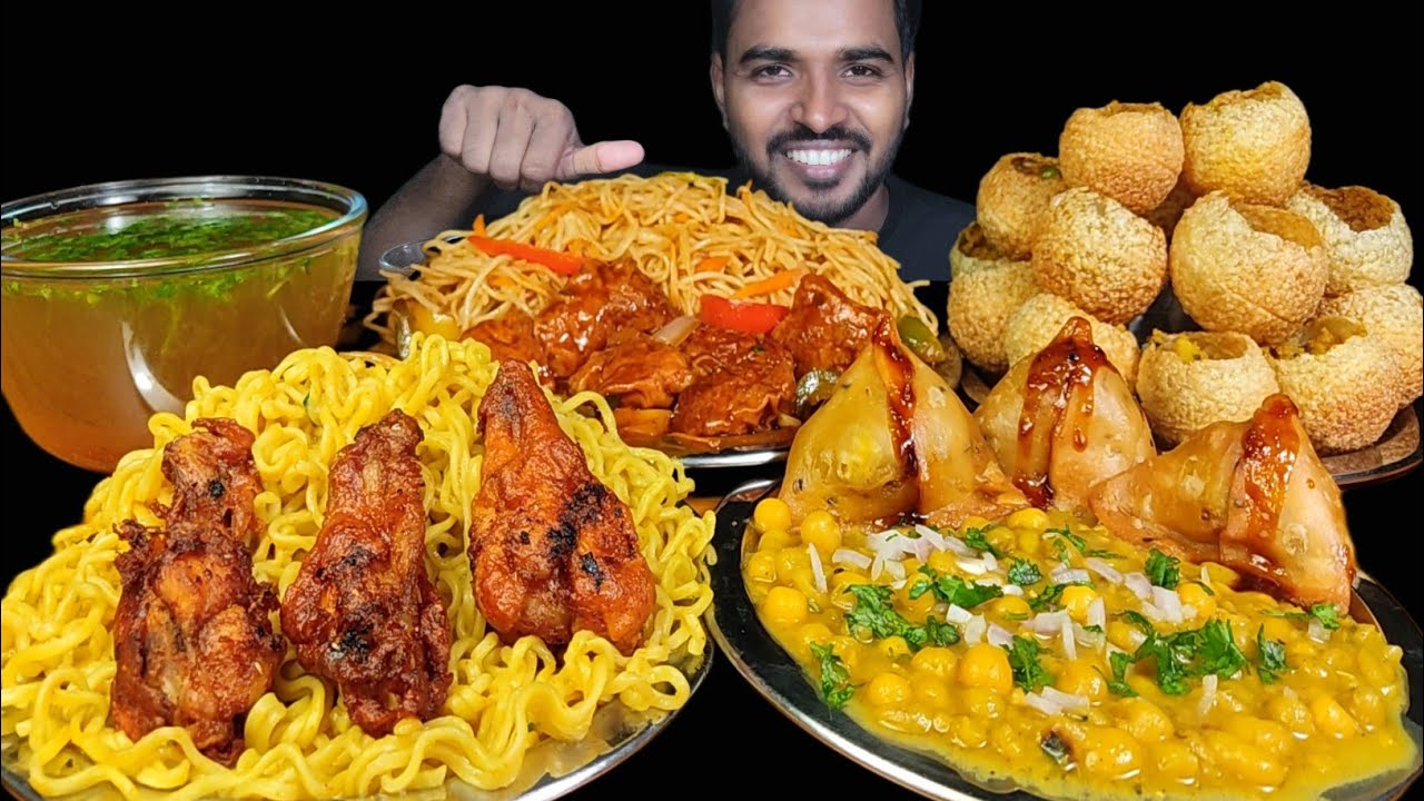 Eating Noodles with Chilli Chicken and Pani Puri | Maggi, Fried chicken & Samosa Ghugni Asmr