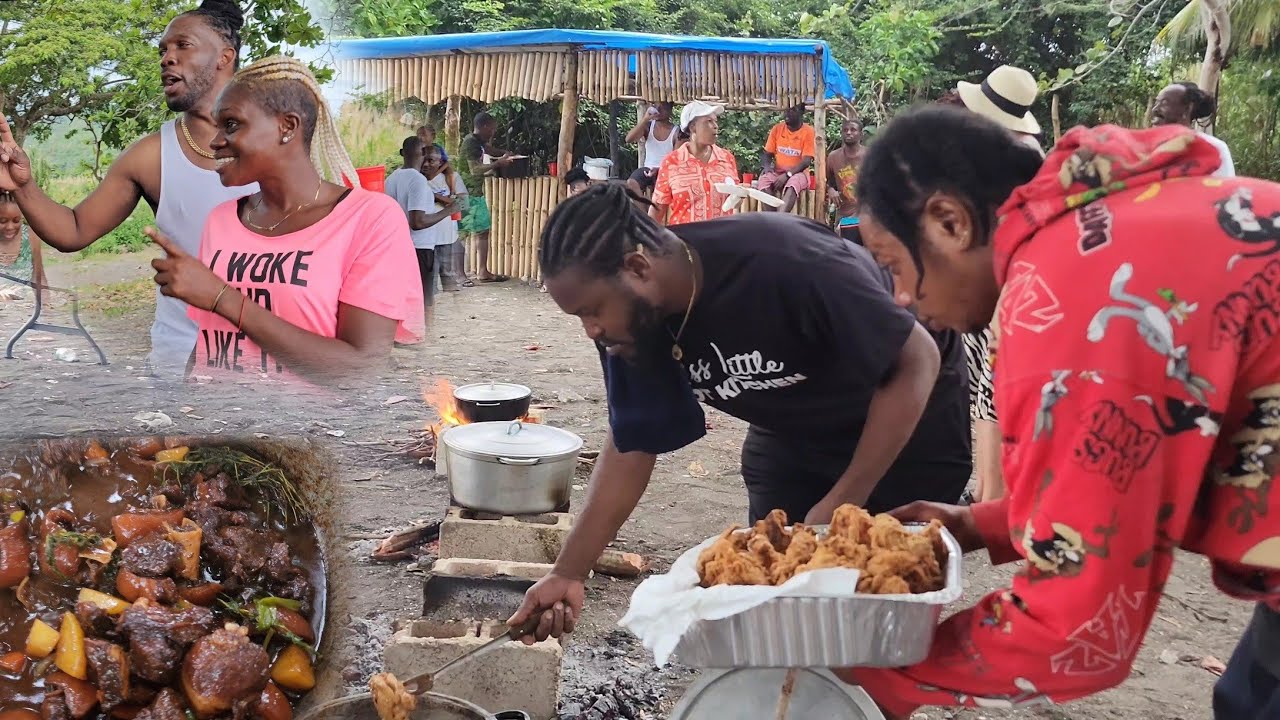 Big cooking,  huge crowed | Fry chicken | turn cornmeal | rice & peas | coconut dumpling | stew pork