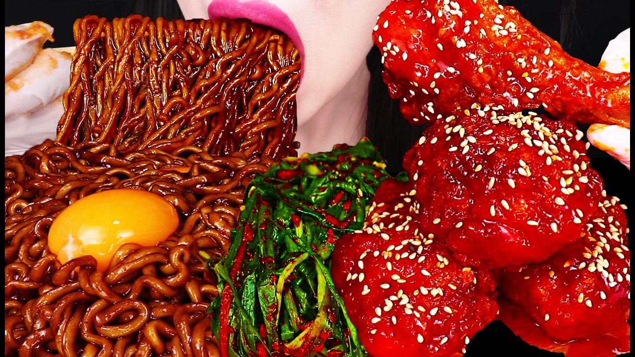 ASMR THE NEW!!! GIANT FRIED CHICKEN & BLACK BEAN NOODLES IS BACK 양념치킨 짜파게티 먹방 Mukbang, Eating