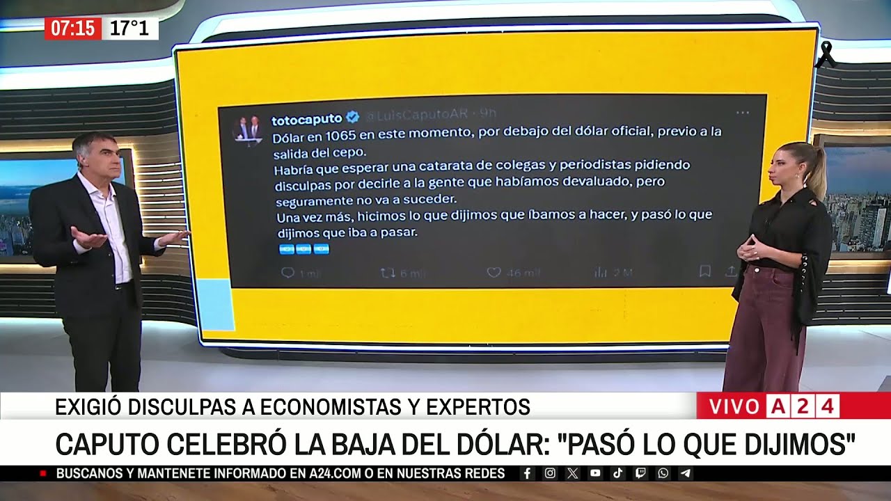 📢 CAPUTO CELEBRÓ LA BAJA DEL DÓLAR: EXIGIÓ DISCULPAS A ECONOMISTAS Y EXPERTOS