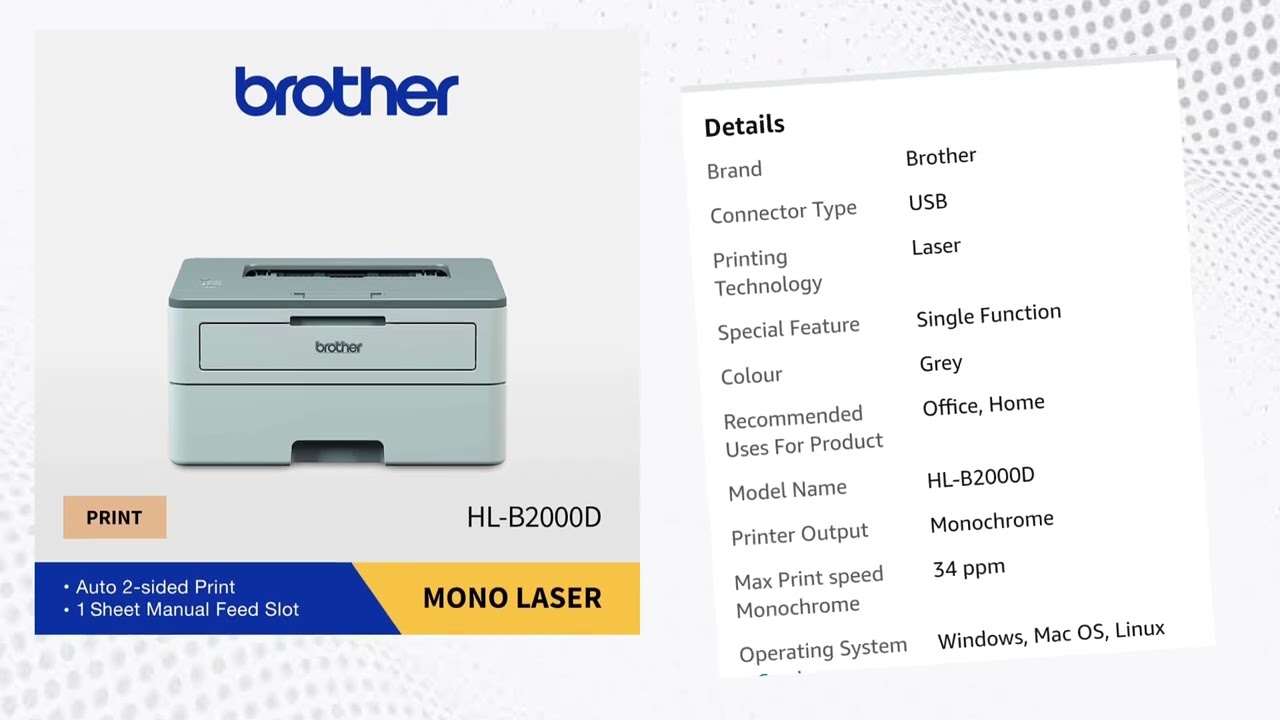 Specifications Brother Brother HL-B2000D Mono Laser Printer with Auto Duplex Printing