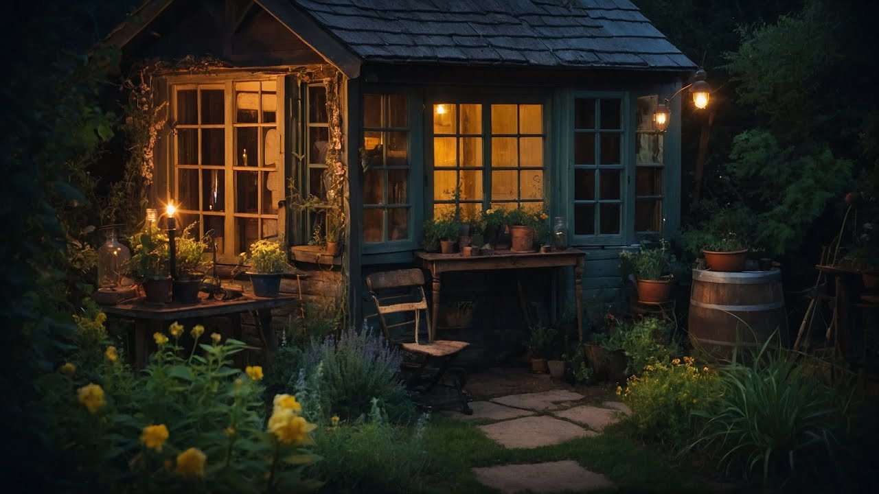 Fireflies by the Cottage Greenhouse: Night Ambiance with Owl and Cricket Sounds | 1 Hour Relax