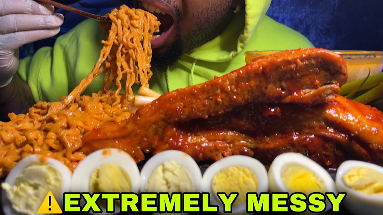 ⚠️EXTREMELY MESSY EATING🤤CHEESE SAUCE BRAISED GOCHUJANG PORKBELLY, CHEESY🔥CARBO NOODLES #MUKBANG