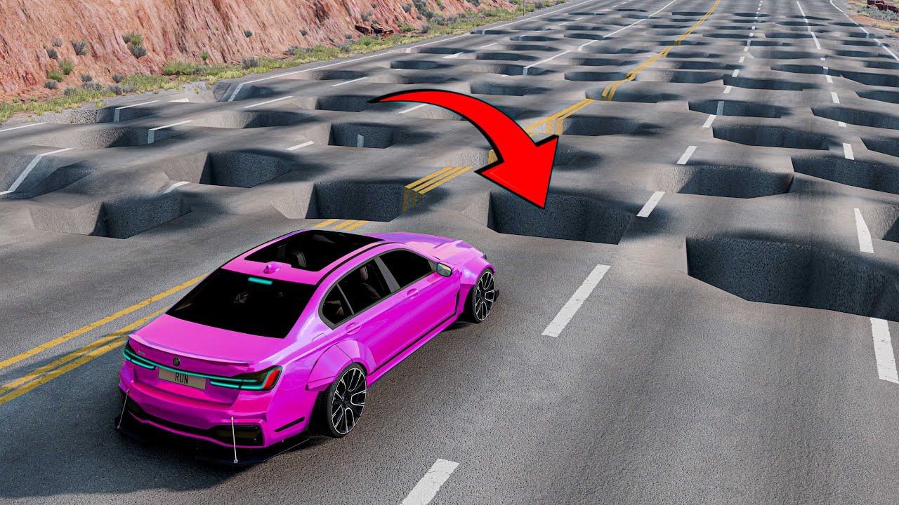 Cars vs 100 Potholes BeamNG Drive Challenge Ends in Total Destruction!