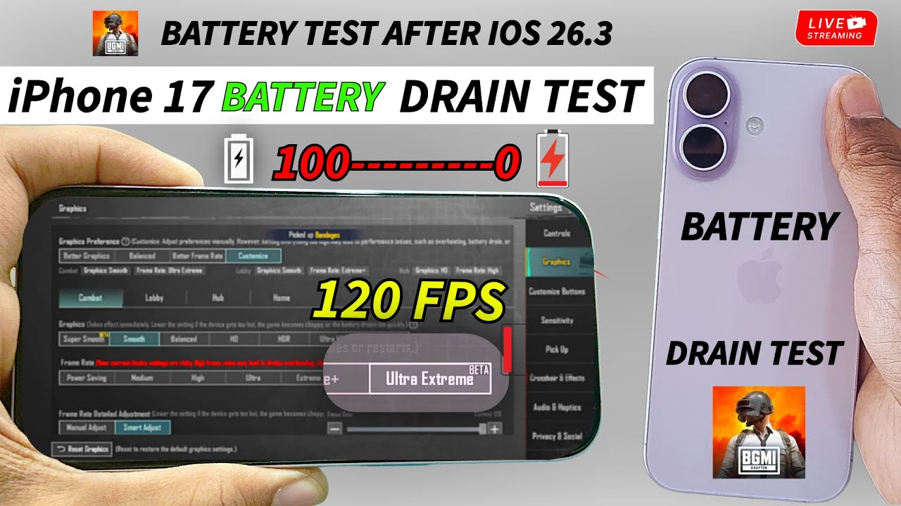 IPHONE 17 BATTERY DRAIN TEST PLAYING 120 FPS BGMI LIVE  | iPHONE 17 BATTERY, PERFOMANCE, GAMING TEST