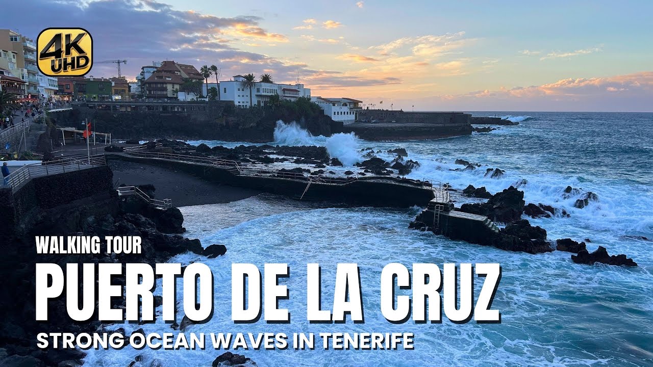 Puerto de la Cruz, Tenerife 🇮🇨 Massive Ocean Waves Crashing on Winter Day | 4K Walking Tour