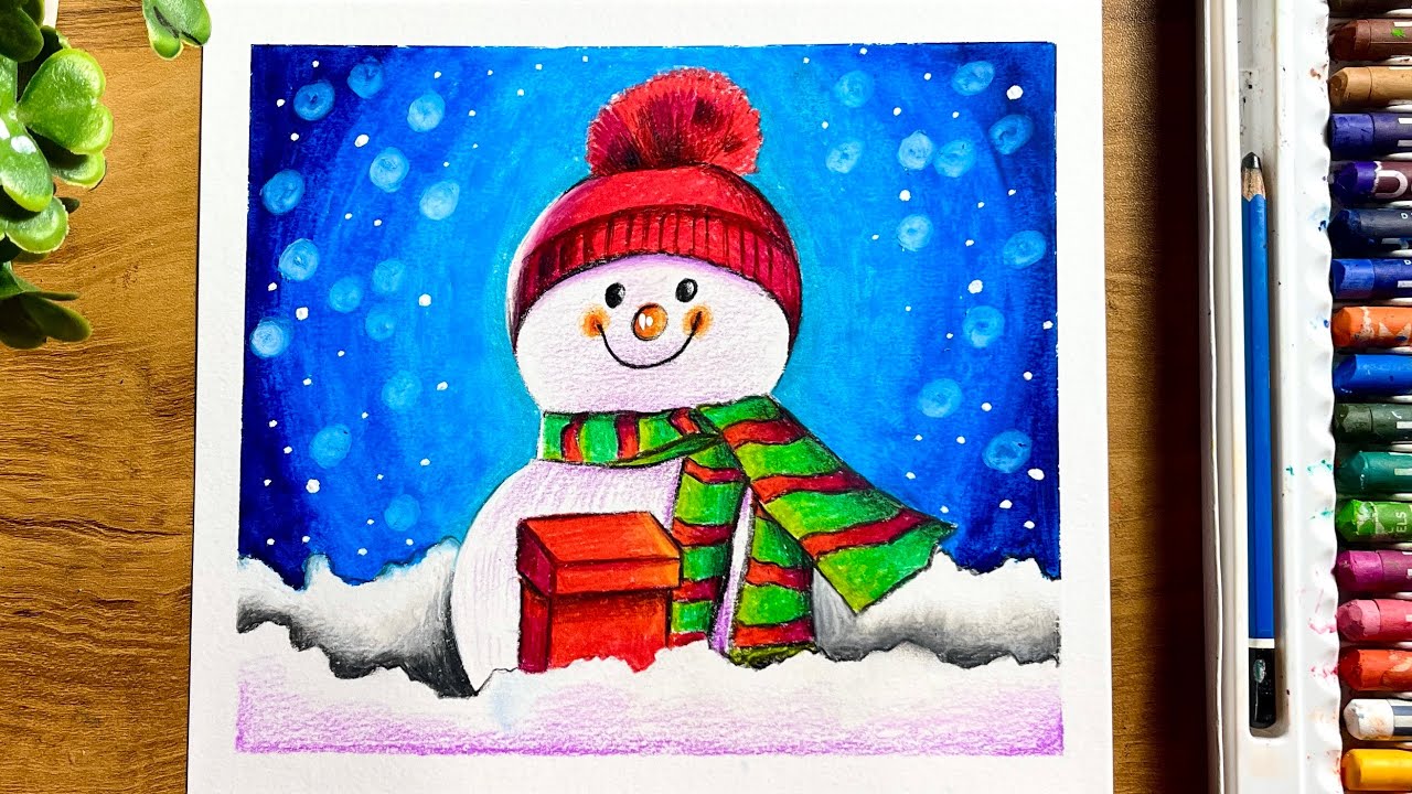 Snow Man Drawing With Oil Pastels || Christmas Drawing Very Easy for Beginners || Christmas Drawing