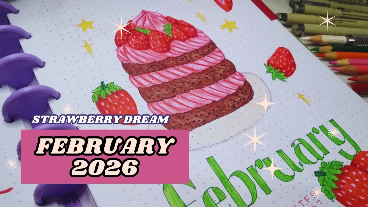 STAWBERRY FIELDS 🍓 February 2026 Bullet Journal Setup (Hand-Drawn)