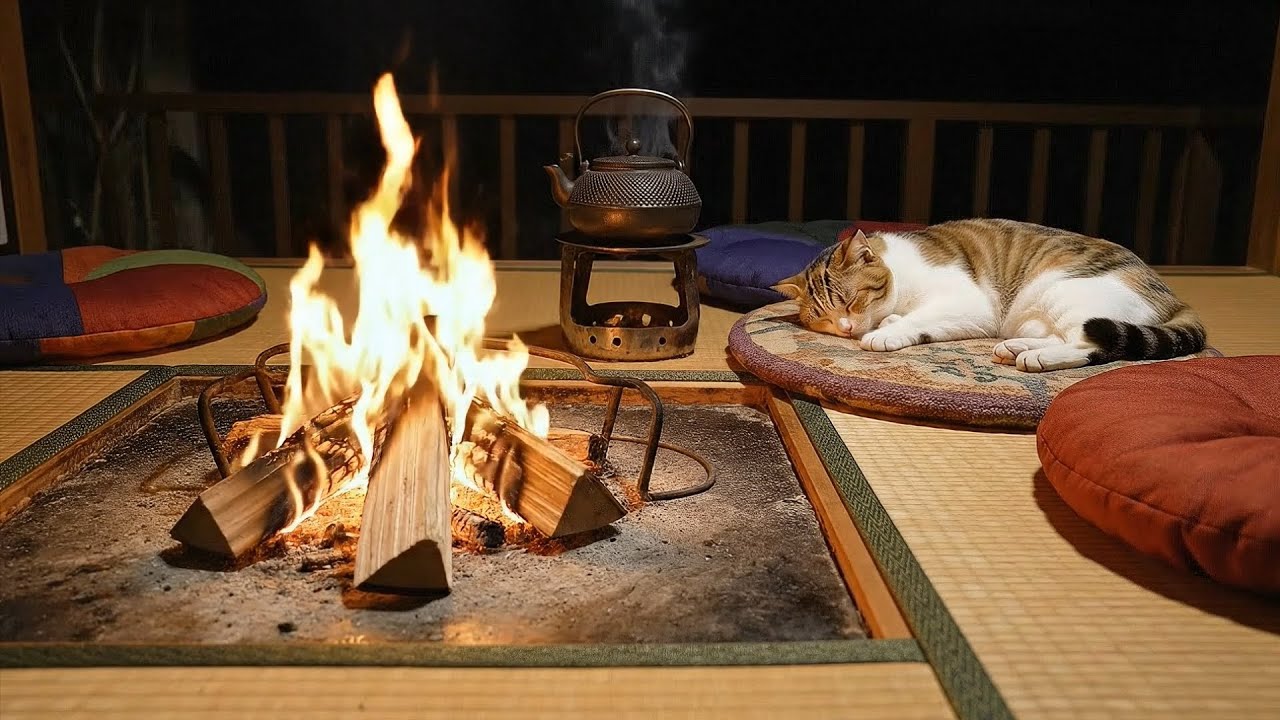 冬の囲炉裏のそばで、暖をとりながら眠る一匹の猫の風景。燃えている焚き火の音が、ぐっすり眠りへと導いてくれます。