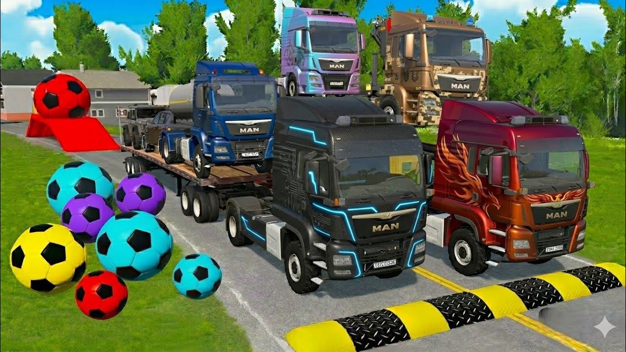 Double Flatbed Trailer McQueen Transportation with Truck Speedbumps vs Cars vs Train BeamNG #010