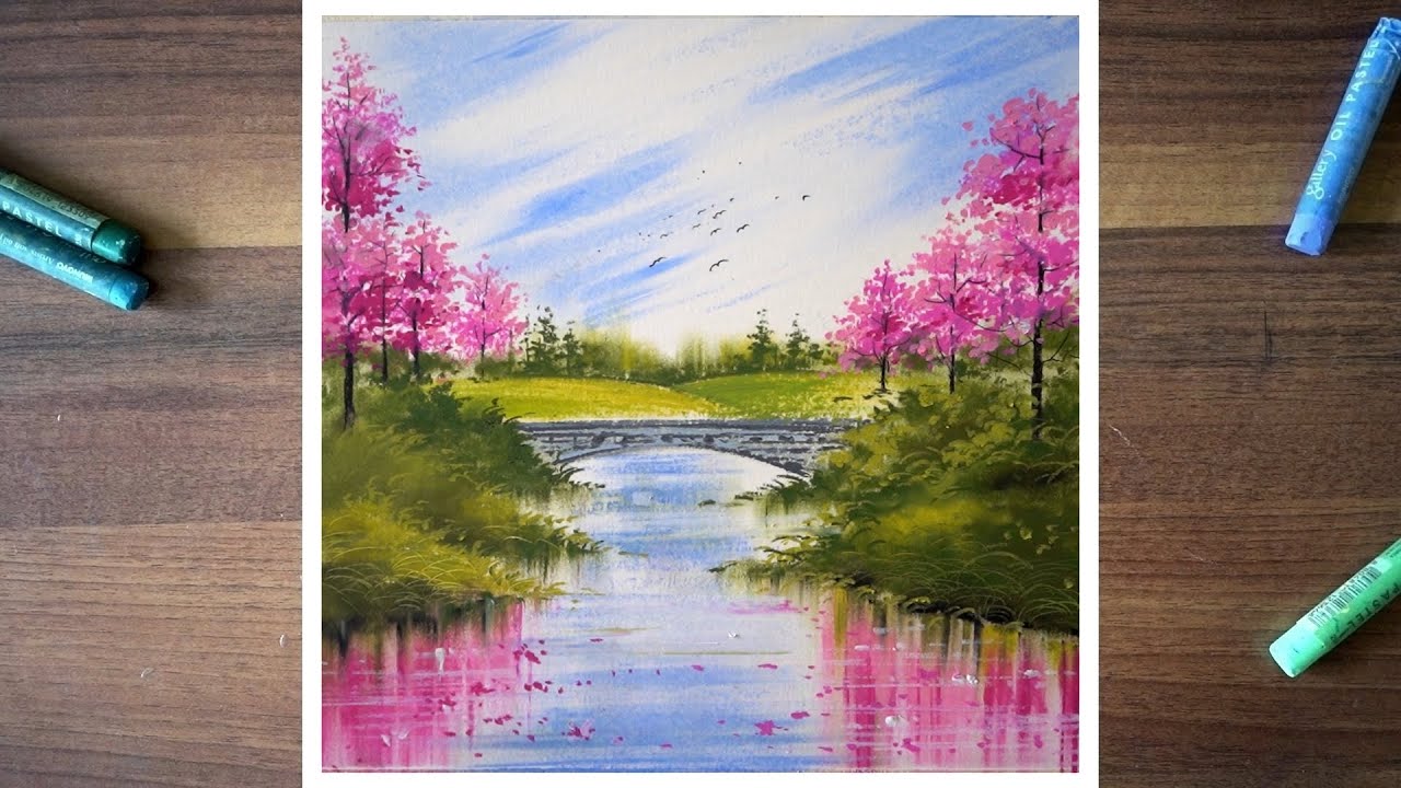 Beautiful oil pastel drawing of a landscape with Cherry blossom trees  (with colour names)