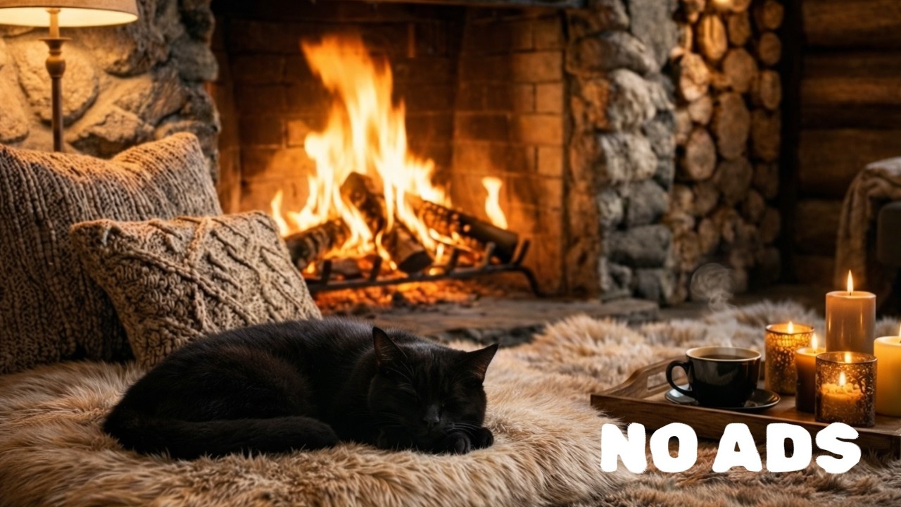 Fireplace Cat Lounge 🔥 Soothing Ambience with Sleeping Kitten & Relaxation Music