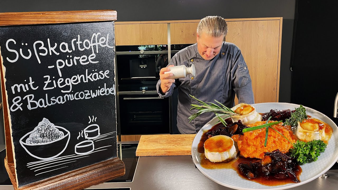 Süßkartoffelpüree mit Ziegenkäse & Balsamicozwiebeln | Das schnelle Gericht