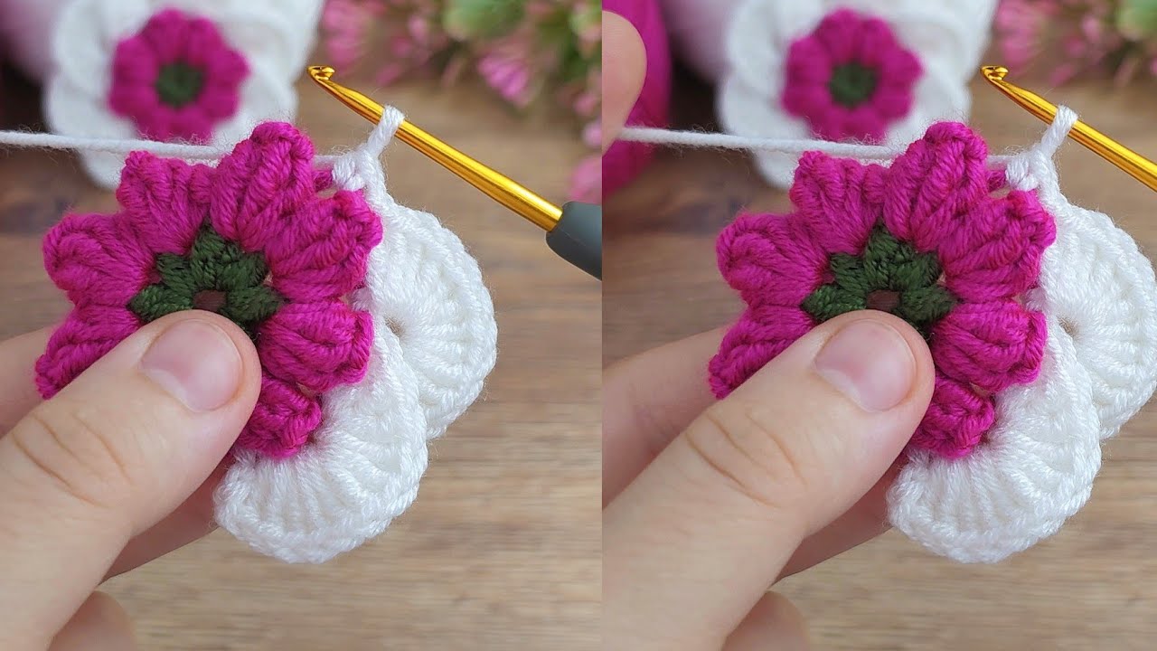 The harmony of pink and white is great!!! Very easy crochet tricolor flower model #crochet