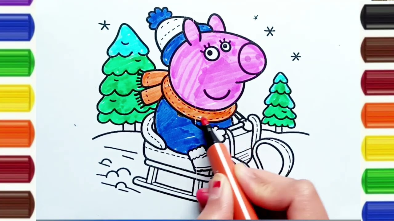 Рисунок и раскраска Свинка Пеппа в снегу с аттракционом для детей / простые раскраски для детей /