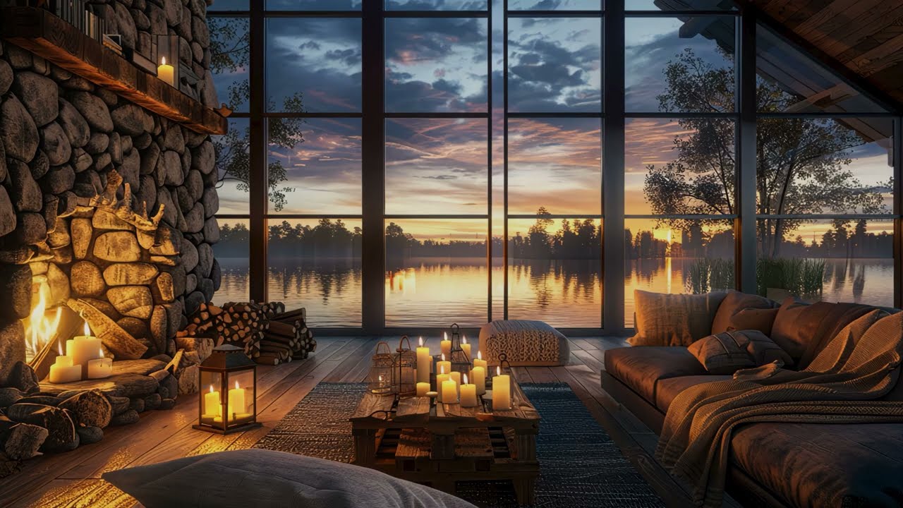 Calm Relaxing Piano Music (No Vocals) | Cozy Lakeside Cabin Sunset • 1 Hour