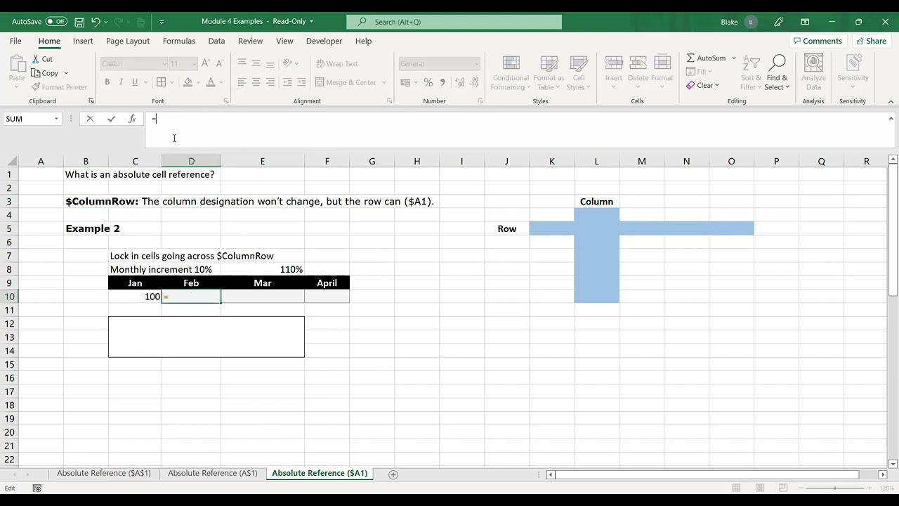 Excel Basic - Absolute Reference or Keeping a Cell Constant $A$1,$A1 & A$1